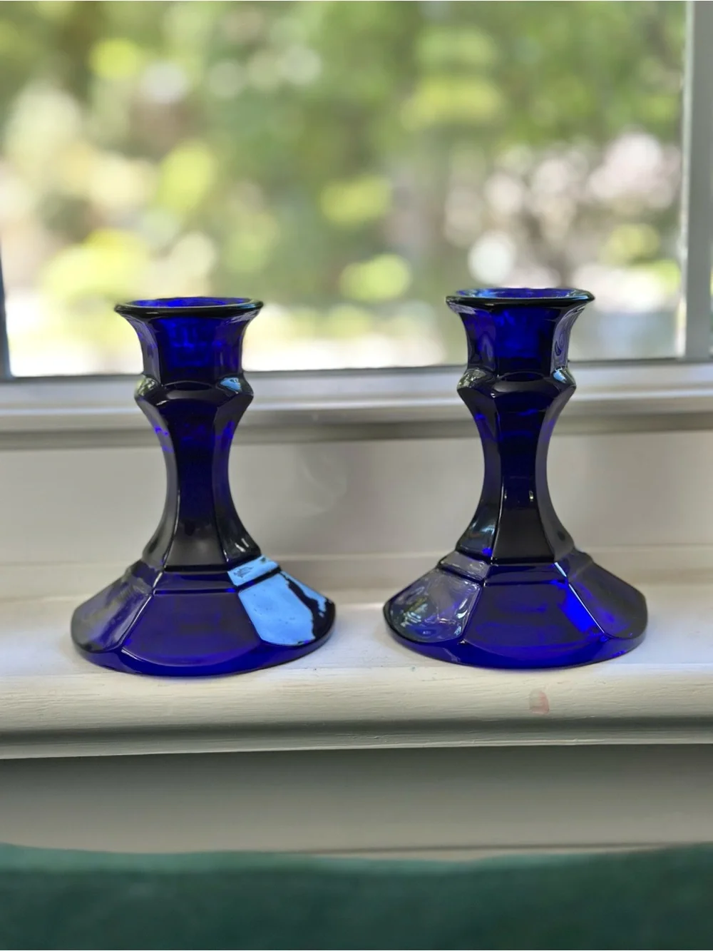 Vintage Cobalt Blue Glass Candlestick Pair
